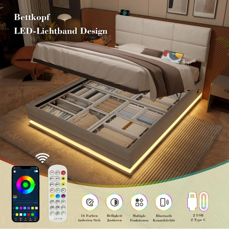 Boxspringbett Samt Beige Höhenverstellbar mit LED Beleuchtung USB Anschluss Hydraulik Stauraum Kopfteil Doppelbett – Bild 7