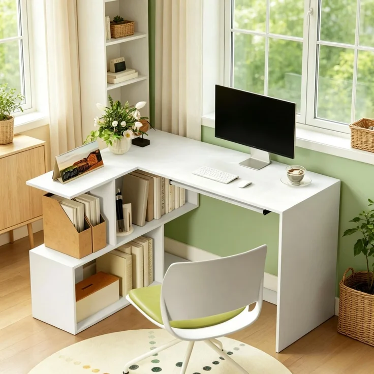 Eckschreibtisch mit Tastaturauszug und 4 Fächern, 120x100x76 cm, Weiß – Bild 2