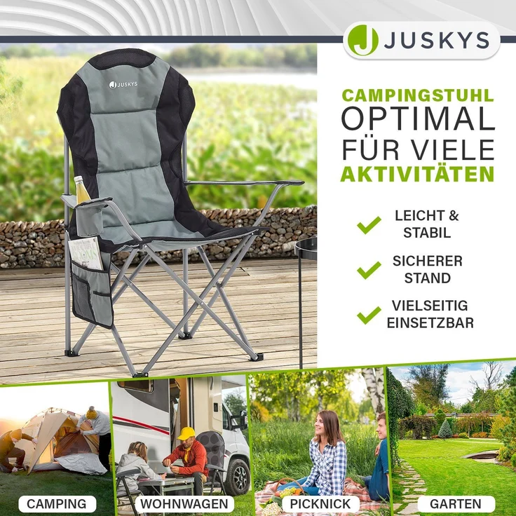 Juskys Campingstuhl Lido mit Getränkehalter & Tasche - Camping Klappstuhl gepolstert - Faltstuhl Angelstuhl Strandstuhl Chair - Stuhl Grau – Bild 2