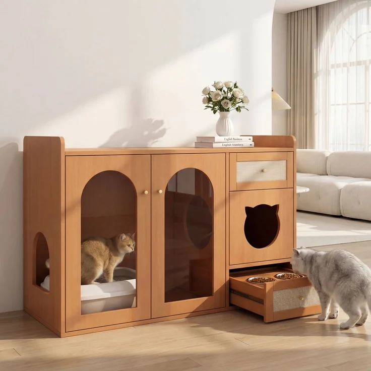 Mehrzweckiges Katzenhaus & Katzenkloschrank – haustiertierfreundlicher Beistellschrank mit Futterschalen, Katzenruheraum, Lagerbereich (ohne Katzenklo & Katzenkissen), Nussbaumfarben, 120x45x83 cm – Bild 1