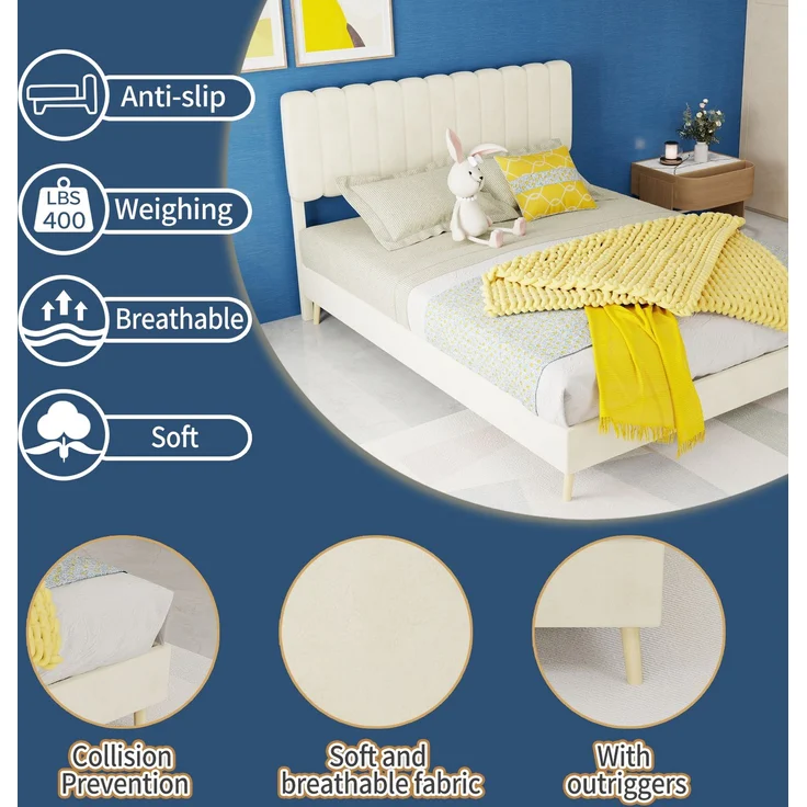 Novelux Modernes Polsterbett 140x200 cm mit weichem Kopfteil – Stabiler Holzbettrahmen aus holländischem Samt Beige, Plattformbett ohne Matratze – Bild 3