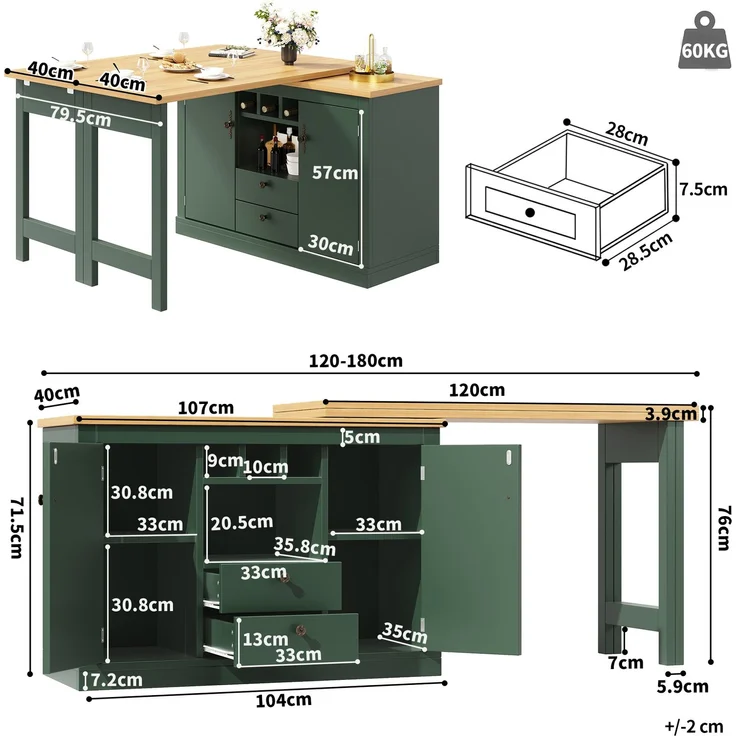 Bartisch aus MDF, ausziehbar mit Stauraum, 120-180x40x76 cm, Antikgrün – Bild 6