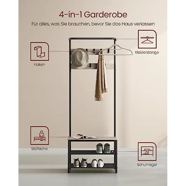VASAGLE Garderobenständer, Garderobe mit Schuhbank, Kleiderständer, Kleiderstange, 9 abnehmbare Haken, 32,2 x 64 x 180 cm, Industrie-Stil, für Flur Schlafzimmer, Greige-schwarz HSR411B02 – Bild 4
