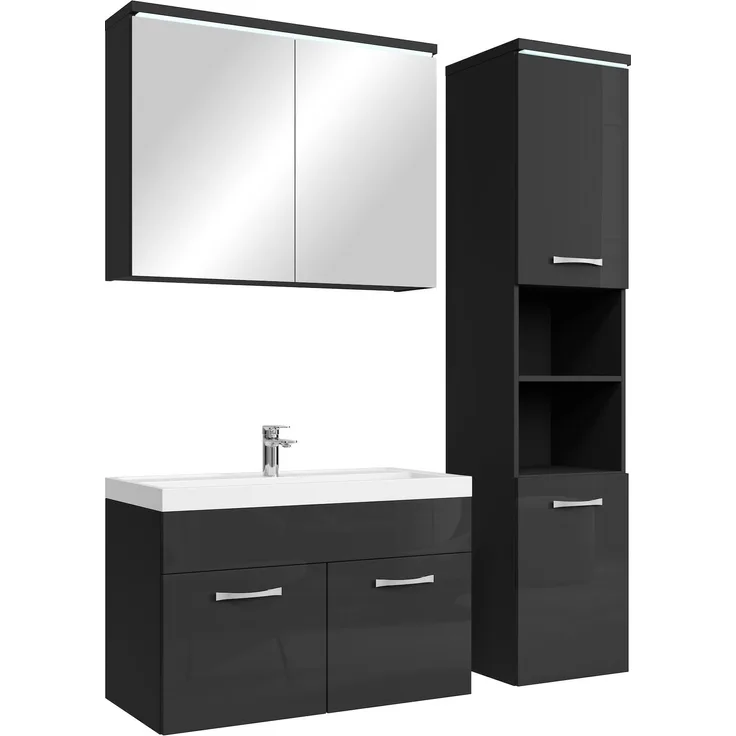 Badplaats Badmöbel Komplettset Paso LED 80 x 40 cm Schwarz Hochglanz - Badezimmermöbel mit Waschbecken, Spiegelschrank und Badezimmerschrank