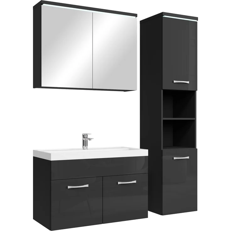Badplaats Badmöbel Komplettset Paso LED 80 x 40 cm Schwarz Hochglanz - Badezimmermöbel mit Waschbecken, Spiegelschrank und Badezimmerschrank – Bild 1