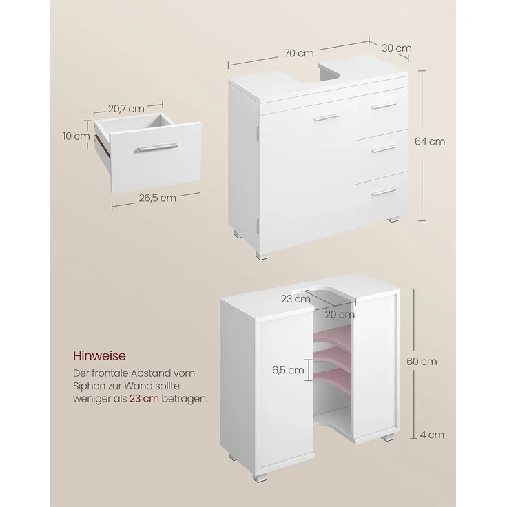 VASAGLE Waschbeckenunterschrank, Badezimmerschrankmit 3 große Schubladen, 2 Fächer, auch für Waschbecken mit Beckensäule, Badezimmer-Unterschrank mit Füßen, 30 x 70 x 64 cm, wolkenweiß BBK504W01 – Bild 6