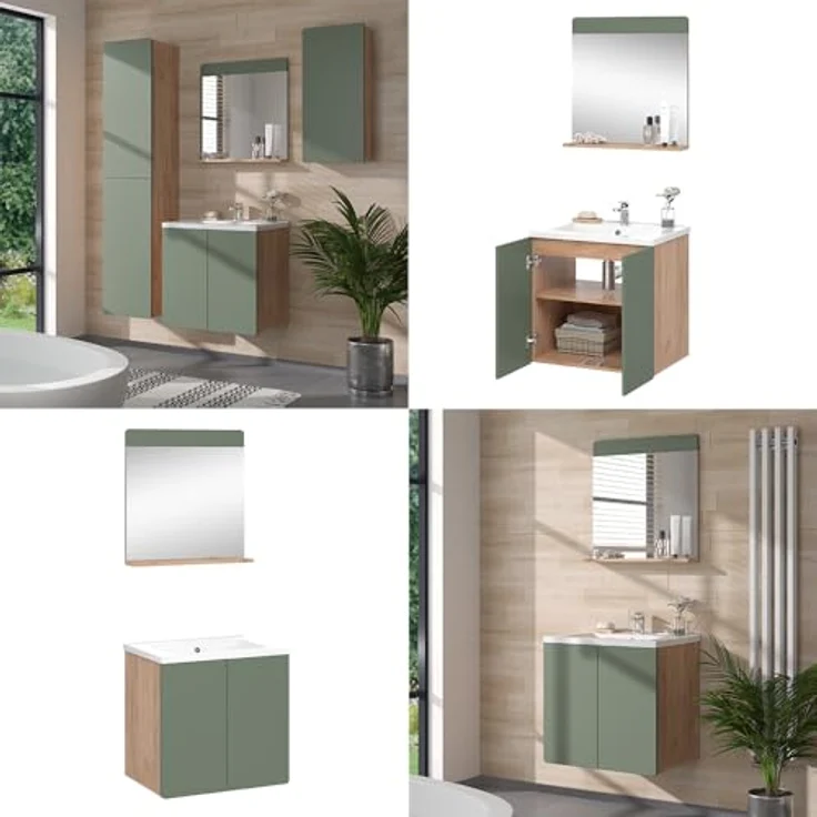 Vichy Badmöbel-Set Izan, 3 Teile in Goldkraft Eiche/Grün mit Spiegelschrank und Beleuchtung – Bild 8