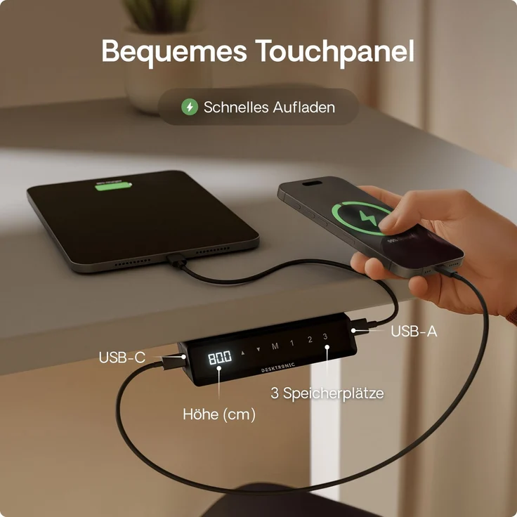 Desktronic HomePro Elektrisch höhenverstellbarer Schreibtisch 120x60cm Weiß/Grau mit Memory-Funktion, Anti-Kollisions Technologie, USB-A und USB-C-Ladeanschlüssen – Bild 6