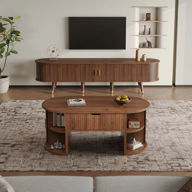 2-teiliges Wohnzimmerset, Couchtisch mit Hubplatte, TV-Schrank, Schiebetüren, vertikale Riffelung, Holzfüße, goldene Griffe, Stauraum--Nussbaum--100x50x40.5cm--YOUDENOVA