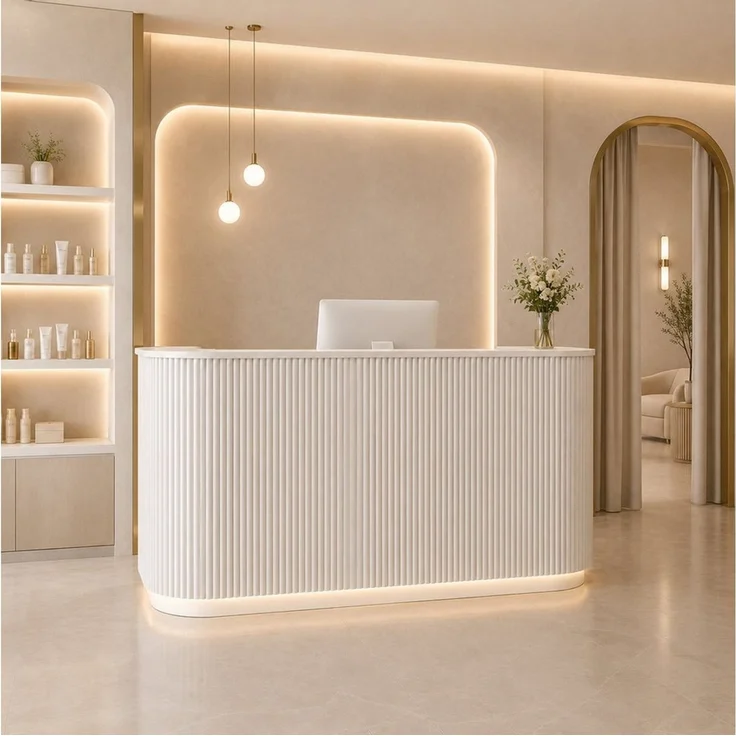 Muxing Empfangstheke Geschwungene,mit Rillenfront und LED-Lichtstreifen (1-St), modern, vielseitig, sofort einsatzbereit, 80 x 100 x 60 cm, Beige – Bild 4