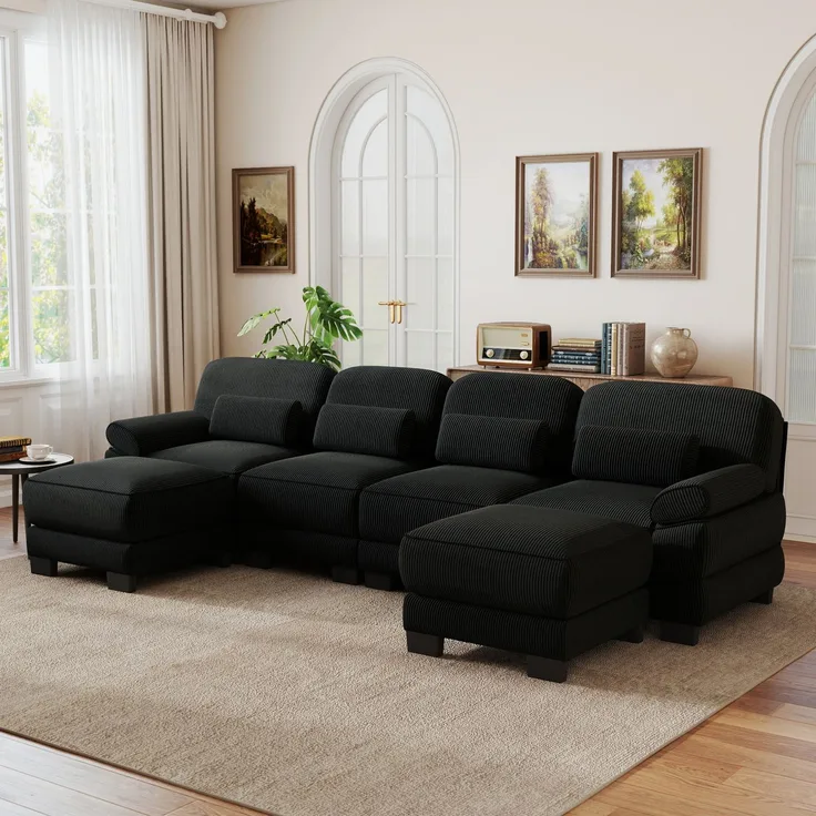 Modulares Sofa 336x161x94 cm in Schwarz mit Cordbezug, flexibler L- oder U-Form
