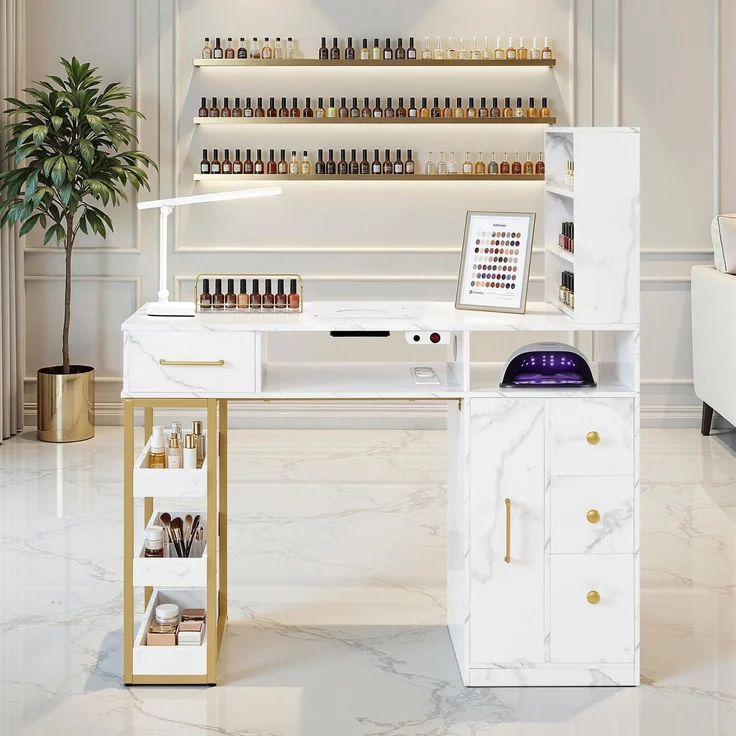 BarberPub Manikürtisch mit 4 Schubladen, 2 Regalen, 5 Ablagen & 1 Auszugsschrank, Nageltisch mit Absaugung, 2 Staubsaugerbeuteln, Nagelstudio Tisch für Beautysalon, 2439 – Bild 2