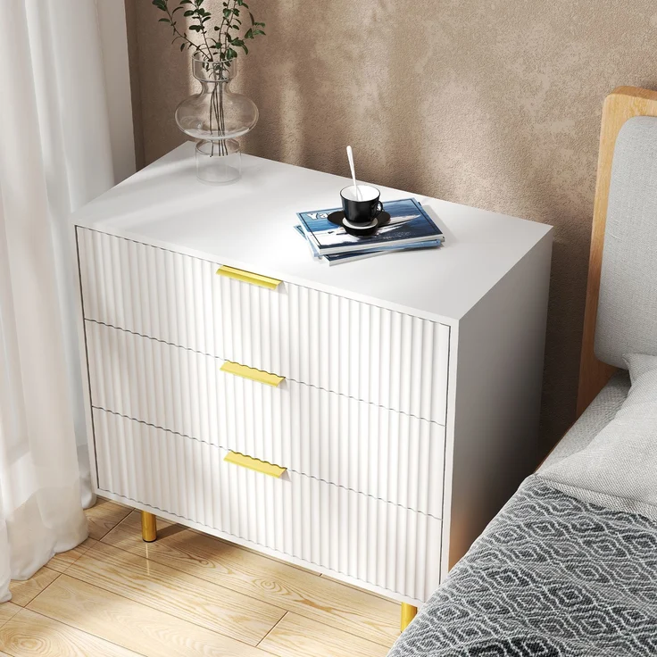Flieks Kommode 3 Schubladen, Sideboard weiß gold, geriffelte Front modern, H72×B80×T40 cm, Aufbewahrungsschrank, MDF – Bild 2