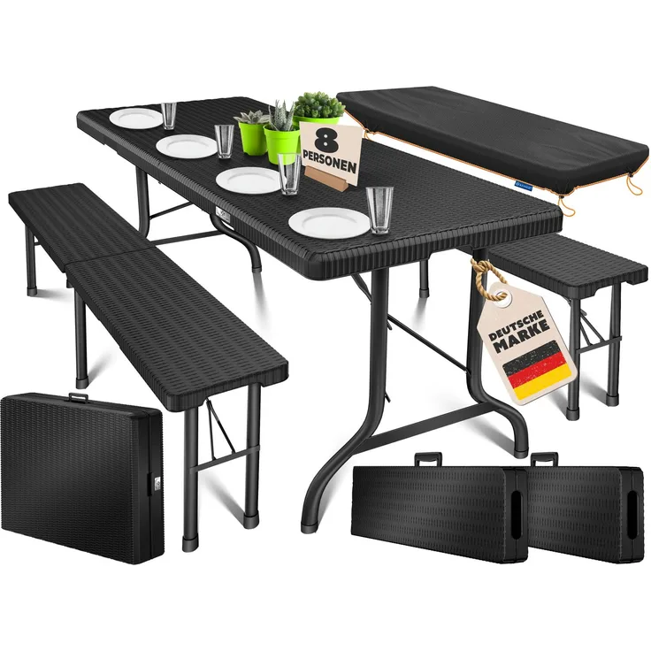 Kesser® Bierzeltgarnitur 3-teilig, klappbar, Polyrattan, 73 x 75 x 180 cm, Schwarz