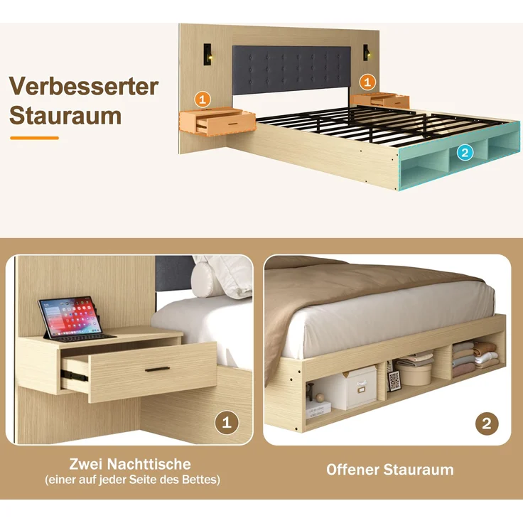 Merax Doppelbett 160*200cm, Stauraumbett, holzbett, Jugendbett, mit USB& Type-C-Ladestation und Leselampe, mit 2 Nachttische, heller Eichenfarbe – Bild 7