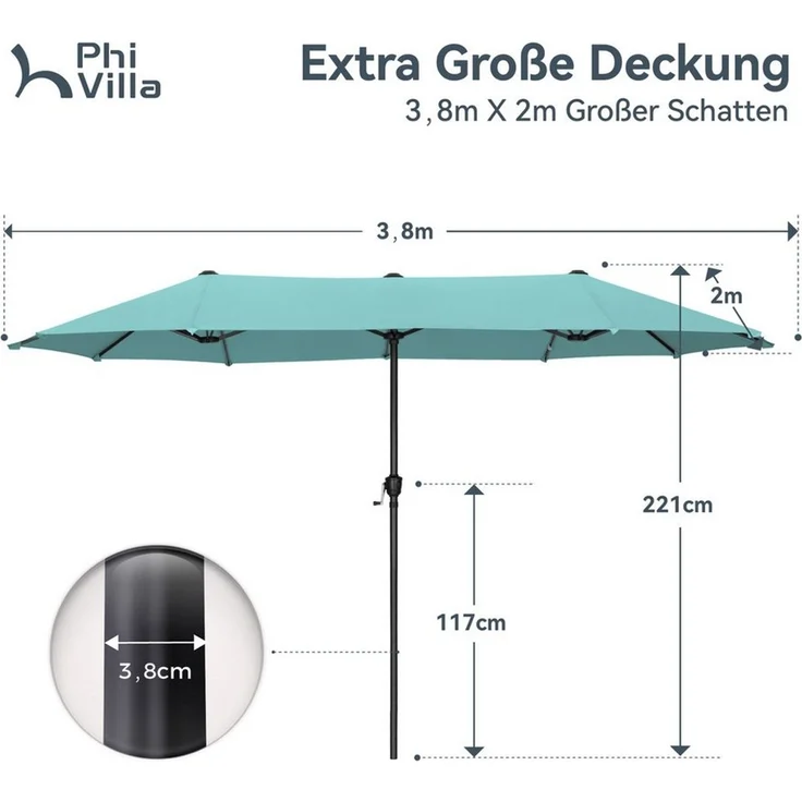 PHI VILLA Sonnenschirm, Balkon Rechteckig Groß Balkonschirm Garten Gartenschirm mit Kurbel UV Schutz Parasol Windfest, Mit der rostfreien Stahlstange und 12 Stahlrippen – Bild 4