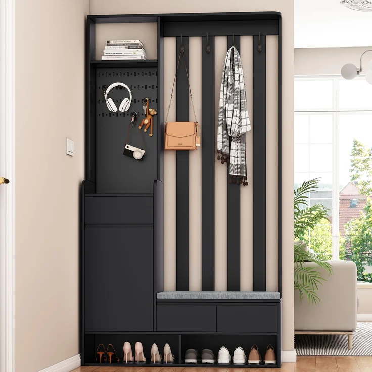 Merax 180cm Flurgarderobe, mit gepolsterter Aufbewahrungsbank, multifunktionaler Flur-Schuhschrank mit Stecktafel, moderne Garderobe mit 4 Haken, Schwarz – Bild 2