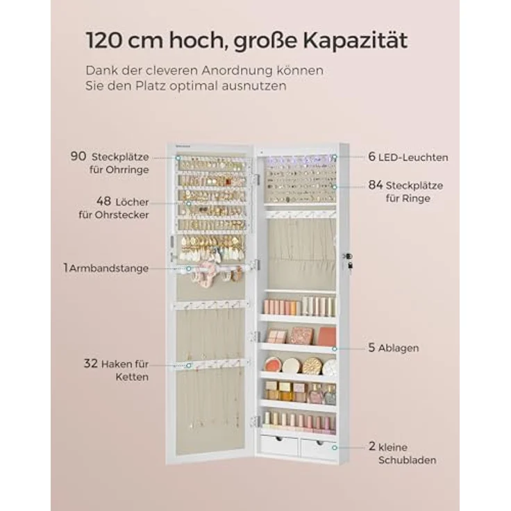 Songmics Schmuckschrank mit LED Beleuchtung und Spiegel, MDF Weiß-Greige, 10 x 37 x 120 cm – Bild 5