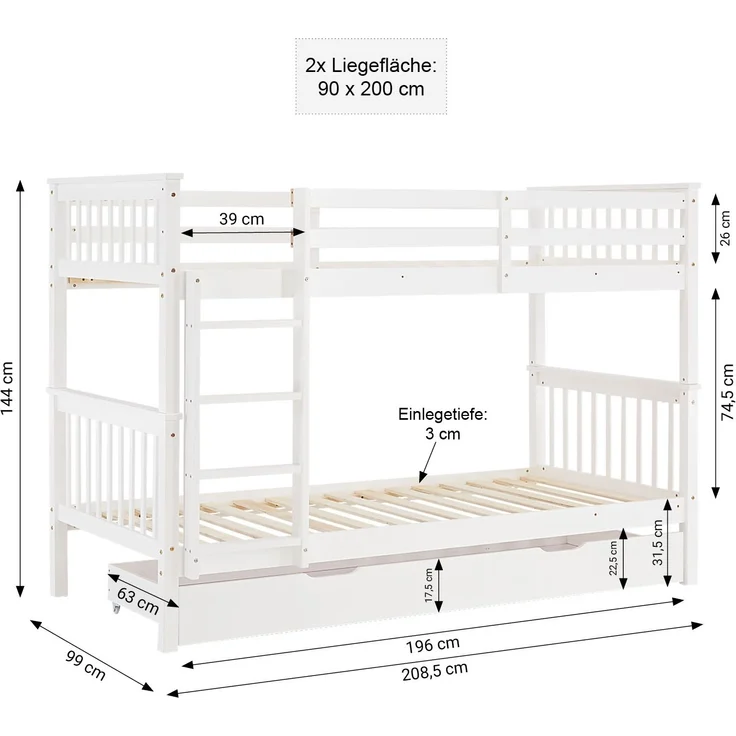 Kinderbett 90x200 mit Stauraum Etagenbett Holzbett Weiß Jugendbett Doppelstockbett Rausfallschutz Stockbett Umbaubar – Bild 2