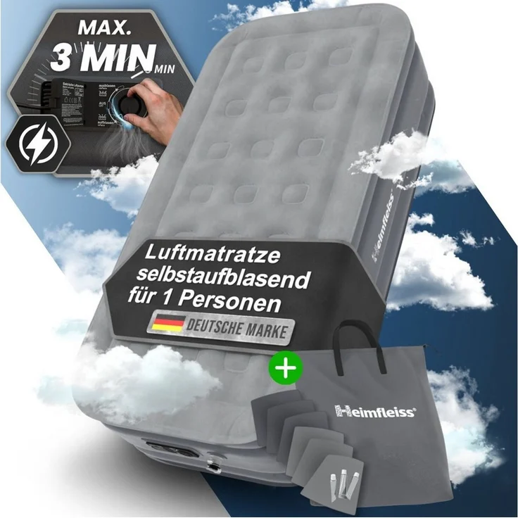 Heimfleiss® Luftmatratze 1 Person | Premium Luftbett selbstaufblasend 100x200 cm | Schnell Aufblasbare Matratze ideal nutzbar als Gästebett & Reisebett | Selbstaufblasbare Camping Air Mattress + Pumpe – Bild 5