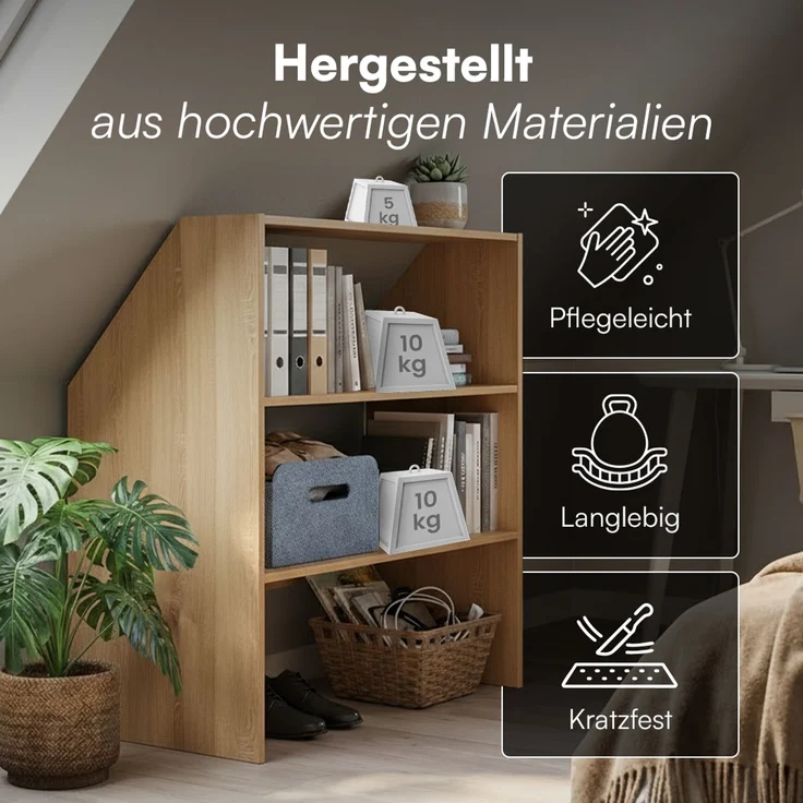 Bellamio 'Aland' Dachschrägenregal, Eichenoptik, 100x50x90 cm, Regal für Dachschräge mit 3 Fächern – Bild 4