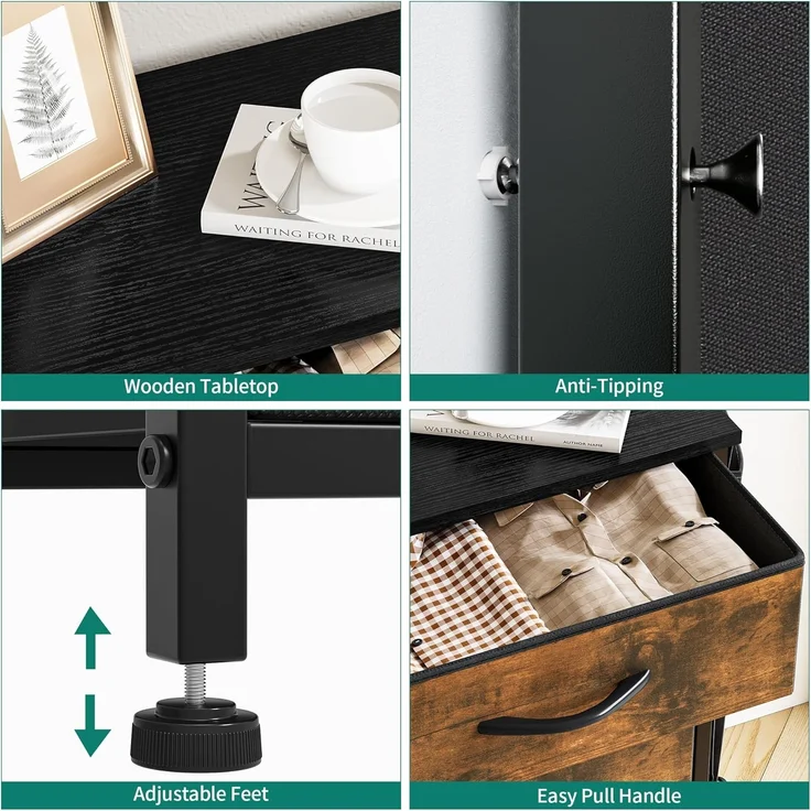 YITAHOME Kommode,Kommode mit 5 Schubladen,Schrank mit Haken und Seitentaschen,Stoffschubladen mit Griffen,Metallgestell,Dauerhaft,Rustikal Braun – Bild 6
