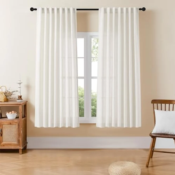 Joydeco Lichtfilternde Vorhänge, 160 cm Länge, für Schlafzimmer, Leinen-Vorhänge, 160 cm Länge, 2 Paneele für Wohnzimmer, weiß, halbtransparente Vorhänge, 160 cm lang, mit Stangentaschen – Bild 1