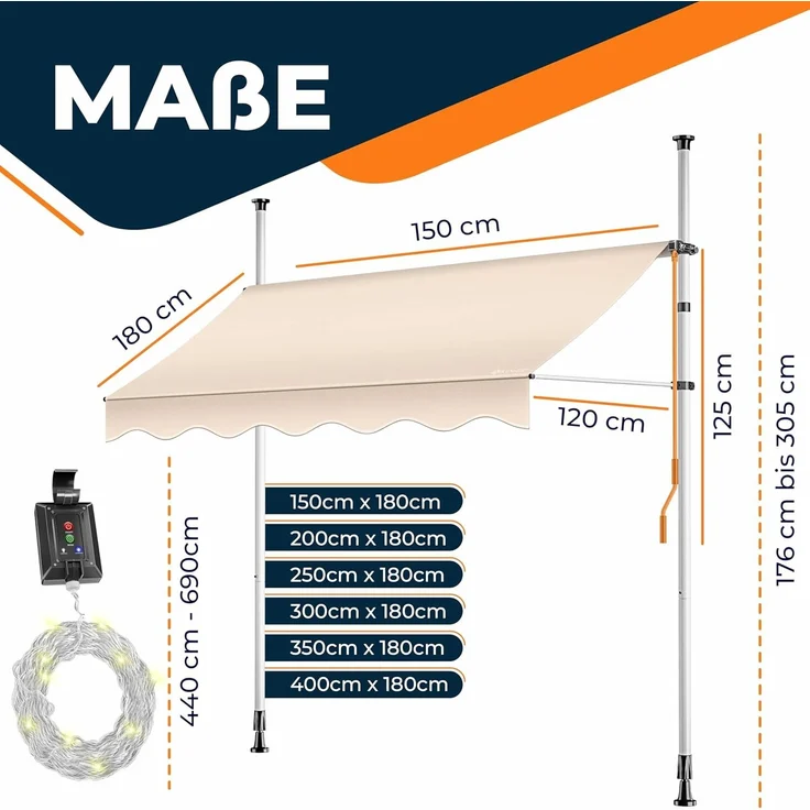KESSER® Klemmmarkise mit Handkurbel & LED Lichterkette | Balkonmarkise ohne Bohren | Markise UV-beständig höhenverstellbar & wasserabweisend | Sonnenschutz für Balkon Terrasse & Garten Beige, 200cm – Bild 5