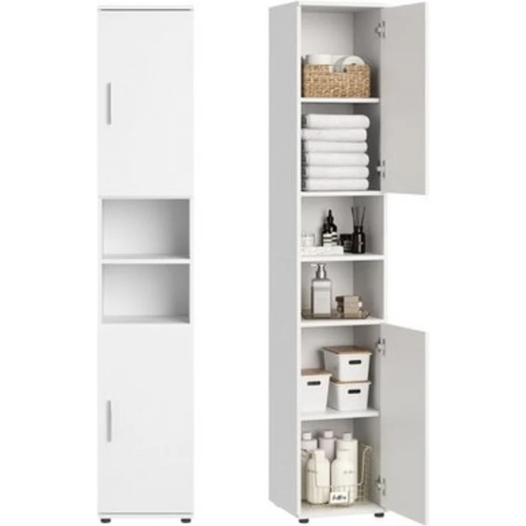Home Collective Badkommode Badezimmerschrank Hochschrank 6 Fächer – robust & pflegeleicht, 35x35x187 cm (BxTxH), Weiß, 2 Türen, vielseitig & kompakt – Bild 4