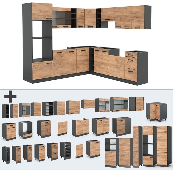 Eckküche R-Line Goldkraft Eiche/Anthrazit 247 x 46 cm ohne Arbeitsplatte Vicco – Bild 6