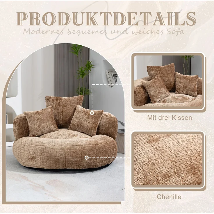 DESVIAE Sitzsack aus Chenille, Kaffee, 108x52x108 cm, mit Armlehnen und hoher Rückenlehne – Bild 6