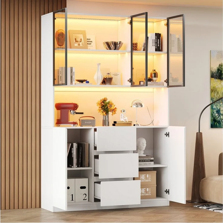 Celya Glasvitrine 120×40×200 cm, mit offenen Regalen undLED-beleuchtete (mit 3 Schubladen und 5 Türen) Ideal für Esszimmer, Wohnzimmer, Küche oder Arbeitszimmer – Bild 4