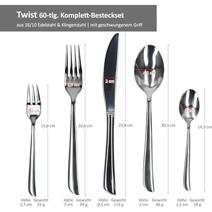 Justinus Besteck-Set 60tlg Twist Komplett-Besteck-Set für 12 Personen, Edelstahl – Bild 6