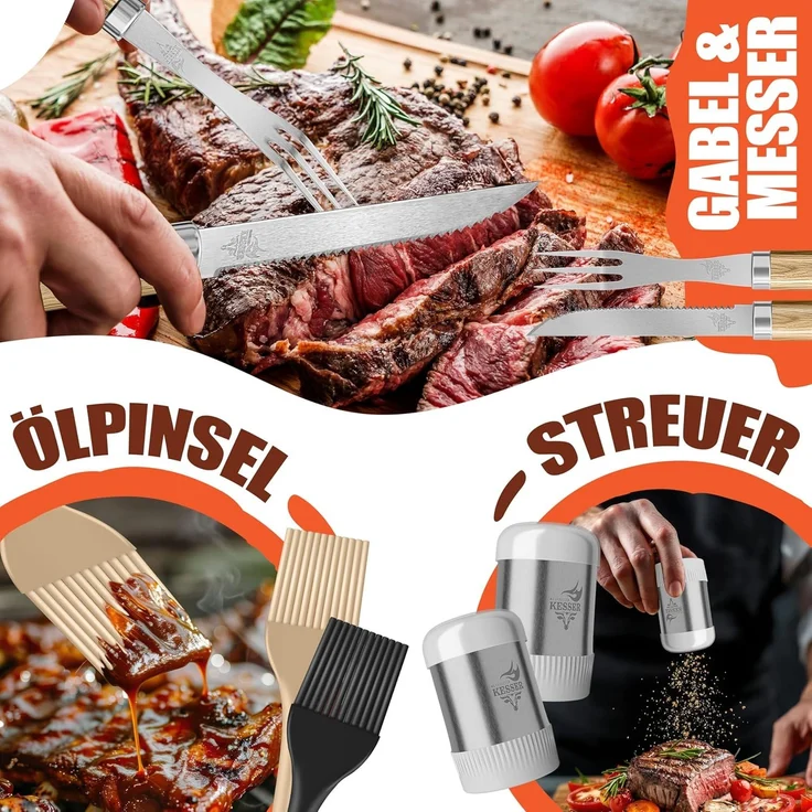 KESSER® Grillbesteck Set 37-teilig Grillzubehör aus rostfreiem Edelstahl Grillset mit Grillzange, Grillwender, 4in1 Grillspatel, Grillgabel, Grill-Spieß, Thermometer, Korkenzieher, Grillmatte & Tasche Beige – Bild 4