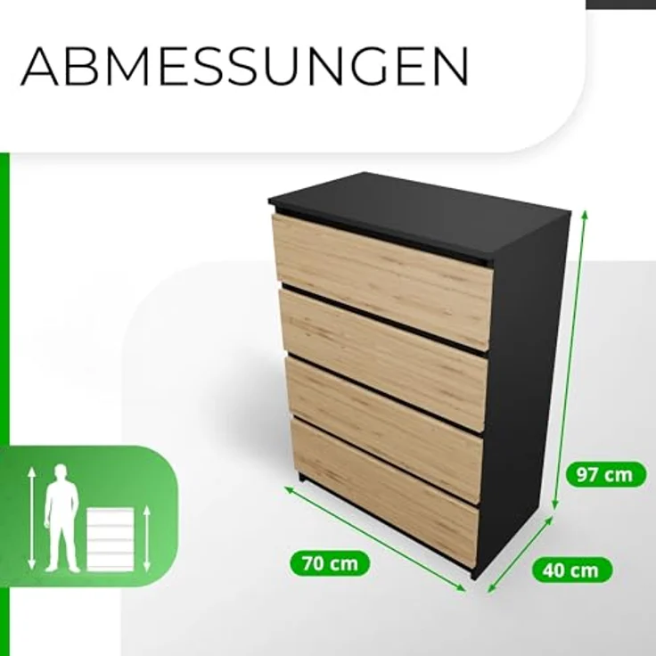 CDF Kommode Anthrazit Artisan mit 4 Schubladen 97 cm Hoch Sideboard Schmale Komode Schlafzimmerkommode für Flur Büro Schlafzimmer Wohnzimmer Schubladenschrank Regal mit Schubladen Schrank Möbelstück – Bild 4