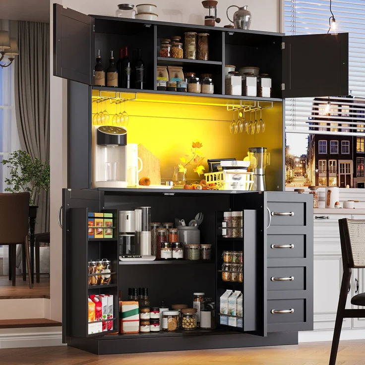 EINHOM Seitenboard / Aufbewahrungsschrank / Küchenschrank / Buffetschrank, 120 x 40 x 188 cm, mit LED-Beleuchtung, Snackregal & Getränkehaltern, 4 Türen & 2 große Schubladen, Grün/Schwarz/Weiß, Schwarz – Bild 5