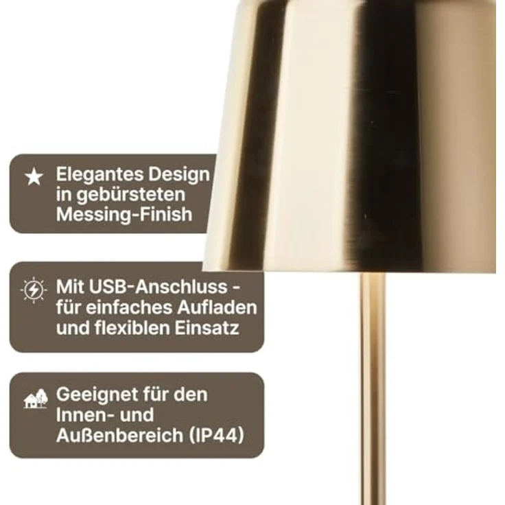 Brilliant Xaana LED-Tischlampe - gebürstetes Messing, Höhenverstellbares Produkt, touch dimmer stufenlos, IP44 spritzwassergeschützt, 37 cm hoch, USB aufladbar, für den Innen- und Außenbereich – Bild 3