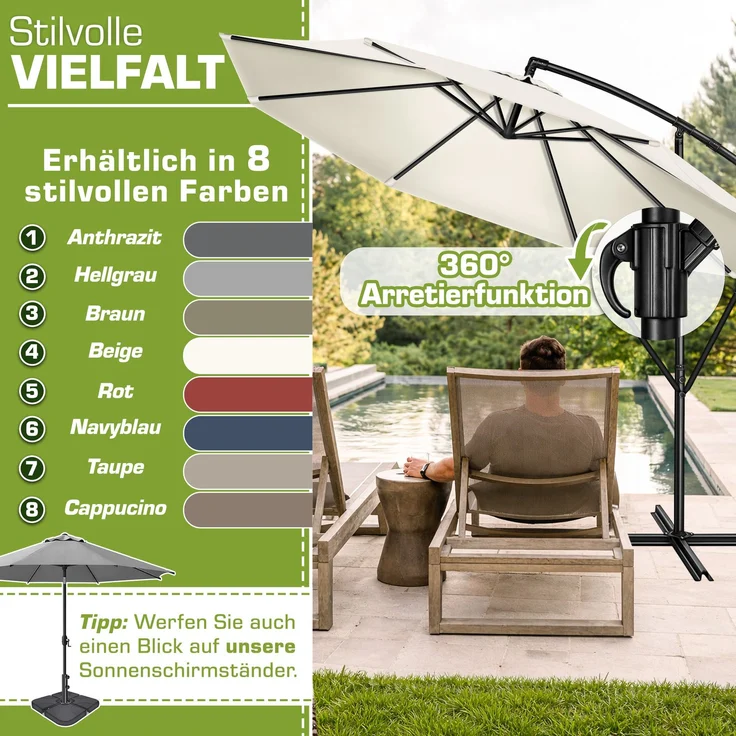 tillvex Sonnenschirm Beige Ø 350 cm Ampelschirm Gartenschirm Marktschirm Kurbel Balkon Alu Neigbar Beige - Ø350cm – Bild 5