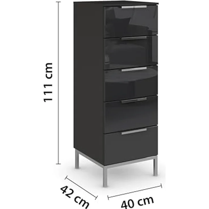 Rauch Möbel Flipp, Nachttisch für Schlafzimmer, Flur, Garderobe, 5 Schubladen, mit Softclose Funktion, Farbe Front Glas Schwarz, Breite 40 cm – Bild 3