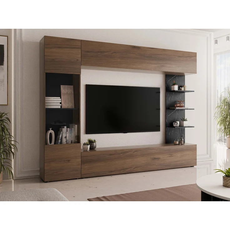 Wohnwand Lazando, ohne Beleuchtung, Farbe: Nuss Warmia / Marmor Schwarz – Bild 2