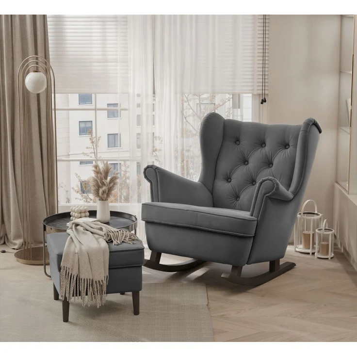 Schaukelsessel Ohrensessel Sessel NINON inkl. Hocker in Stoff Trinity Dunkelgrau – Bild 1