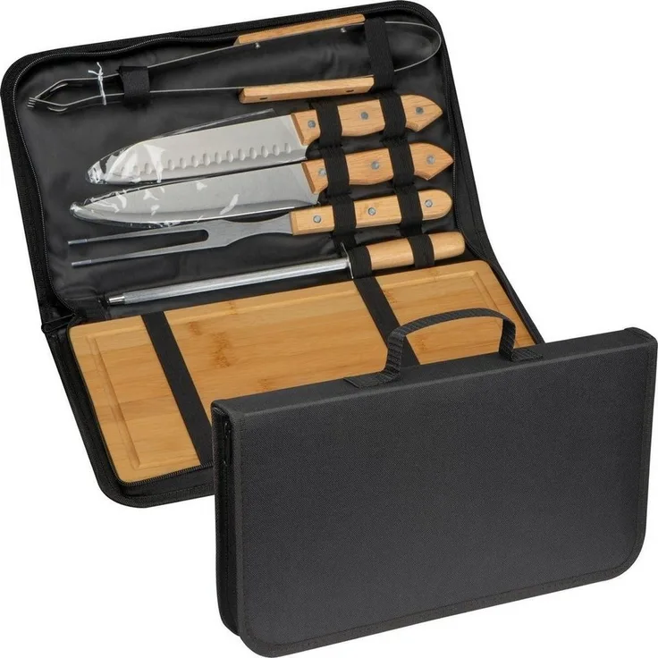 Macma Schneidebrett BBQ Set / mit Holzbrett, Messern, Grillzange, Fleischgabel, Messerschä