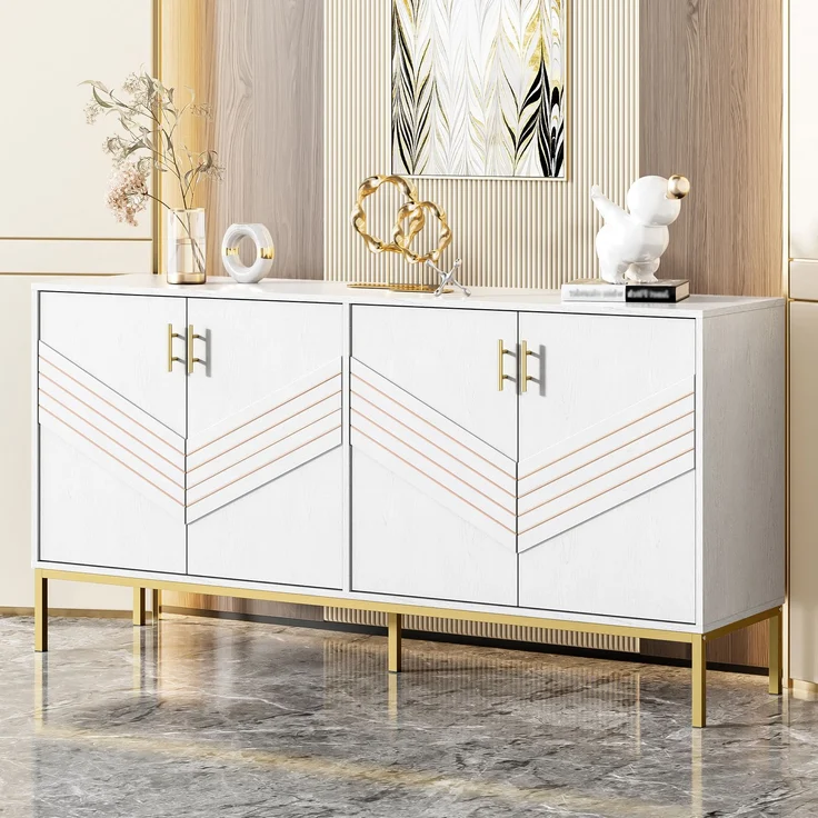 ZUBALIYA Sideboard 160x40x80,5 cm, mit verstellbaren Einlegeböden, mit 4 Türen, aus MDF, Weiß / Holzfarben – Bild 2