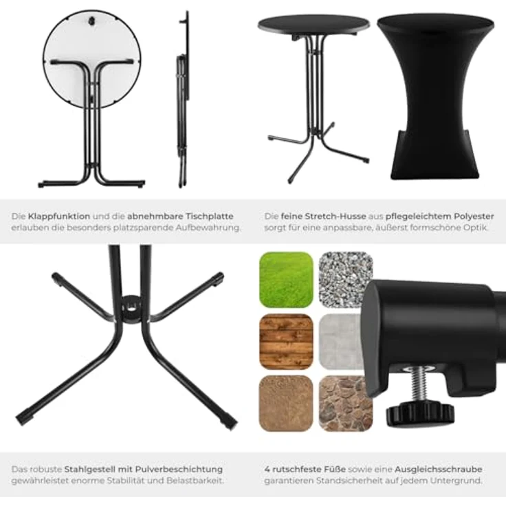tectake® Gastro 2er Set Stehtisch klappbar, Bistrotisch mit Husse, Tisch Ø80cm, Stehtisch mit MDF-Tischplatte, Gartentisch klappbar, Klapptisch, rund, Stahlgestell, stabil, robust - schwarz, 2er Set – Bild 7