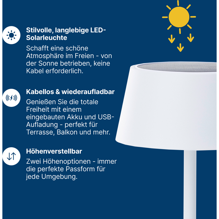 Brilliant Picco Solar Tischlampe Outdoor 30cm Weiß - LED Außentischleuchte mit USB & Akku, Dimmbar in 3 Stufen, IP44 Wassergeschützt – Bild 2
