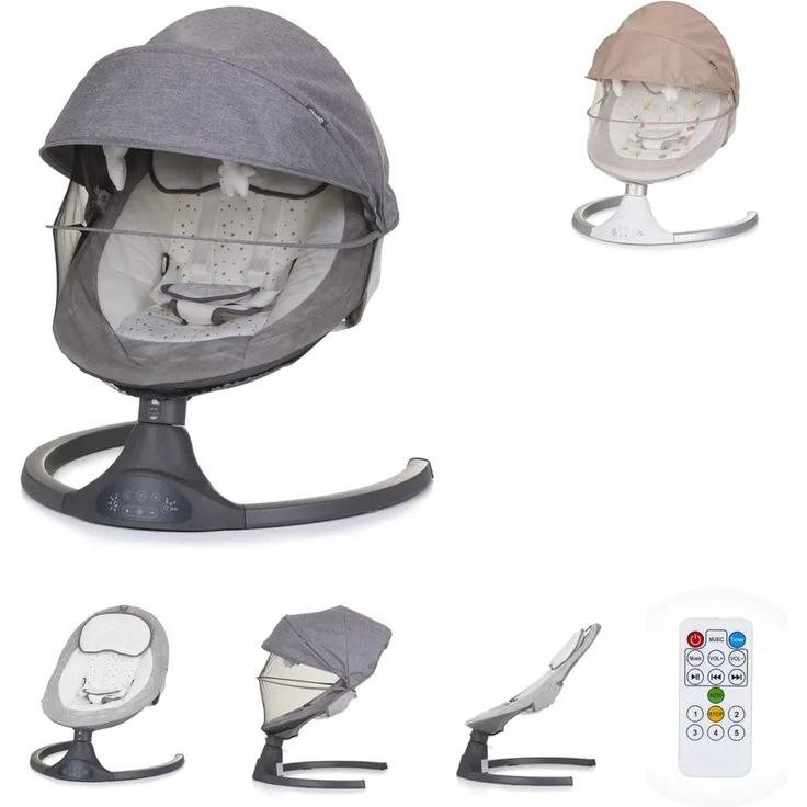 Chipolino Babywippe Brida, Fernbedienung Moskitonetz, Kissen, Plüschtiere, Timer grau