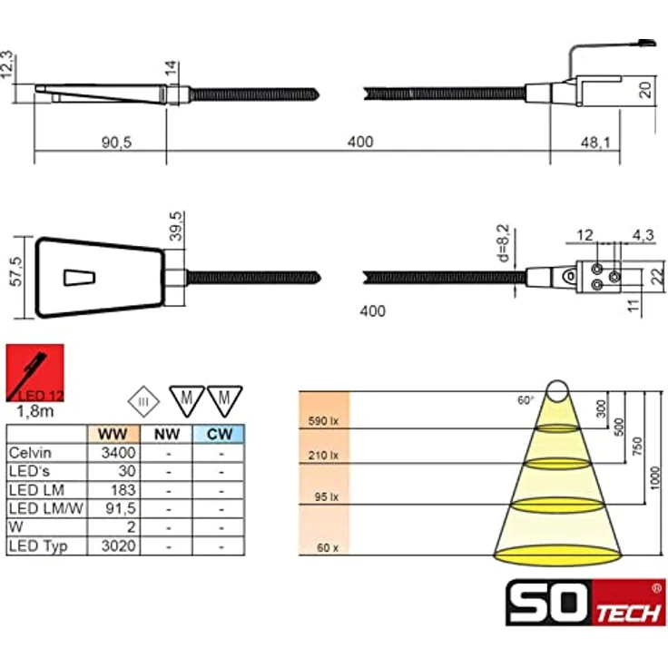 SOTECH 2 x LED Bettleuchte Luminoso, flexibles 2er Set in Weiß mit 3-stufiger Helligkeitseinstellung und Netzteil – Bild 3