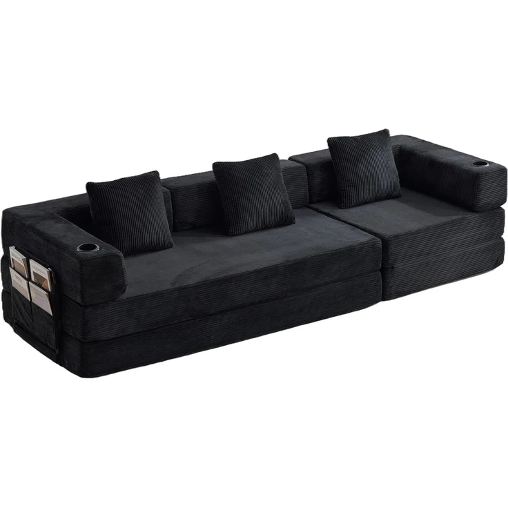 Klappbares Bodenschlafsofa mit Getränkehaltern und Seitentaschen, faltbare Cord-Futoncouch ohne Montage für Wohn- und Gästezimmer, Schwarz – Bild 24
