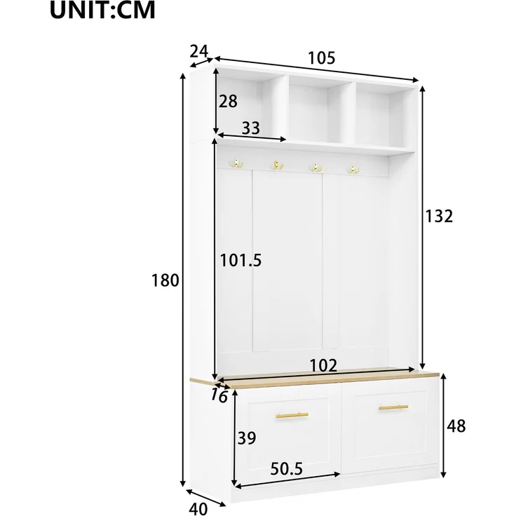 Garderobenset mit Sitzbank, Stauraum und 4 Haken, 105x40x180 cm, Natur/Weiß – Bild 5