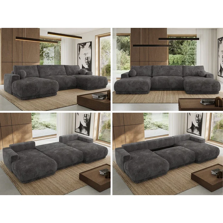 XXL Wohnlandschaft RINA U-Form 360 cm breit, Sofa mit Schlaffunktion & DL-Mechanismus, Wellenfederung, modern freistehend - Grau Cord – Bild 2